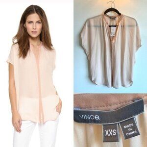 VINCE Rosetan Contrast Placket 100% Silk Blouse in XXS
